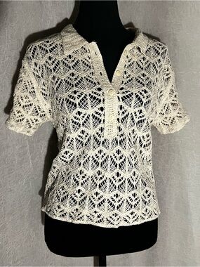 Crochet Lace Short-Sleeve Polo Top - beige